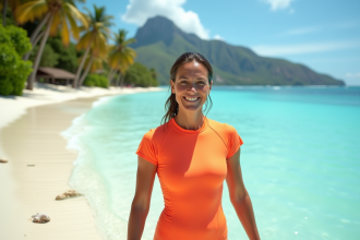 Femme en maillot de bain souriante à Tahiti