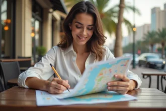 Jeune femme étudie une carte touristique de Dubai