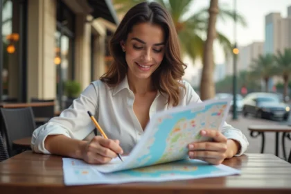 Jeune femme étudie une carte touristique de Dubai