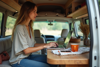 Jeune femme travaillant sur un ordinateur dans un van cosy
