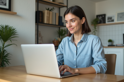 Femme travaillant sur son ordinateur dans un appartement moderne