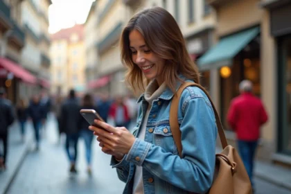 Femme souriante dans une ville européenne en tourisme