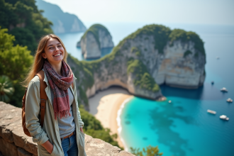 Jeune femme souriante en voyage sur un rocher avec vue sur une baie turquoise