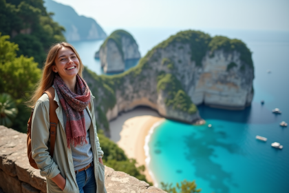 Jeune femme souriante en voyage sur un rocher avec vue sur une baie turquoise
