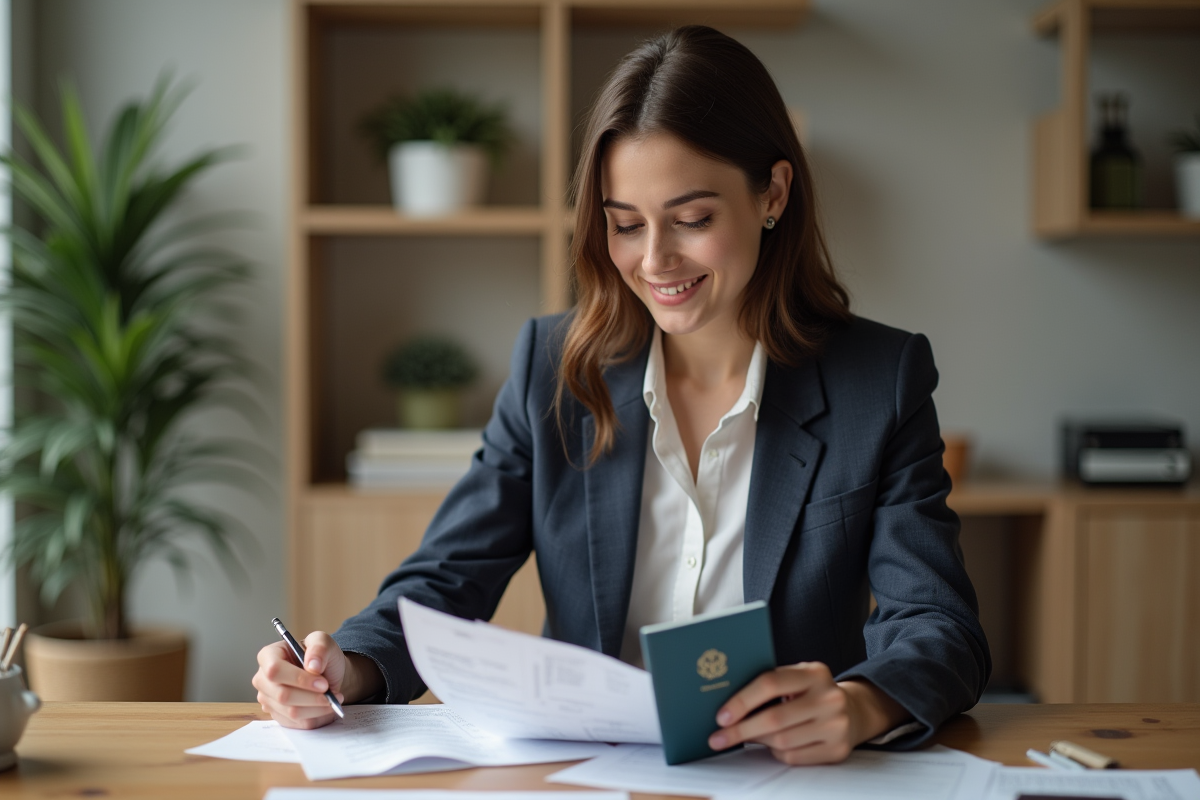 Jeune femme examine son passeport et visa dans un bureau moderne