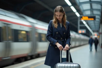 Jeune femme attachant une étiquette à sa valise en gare