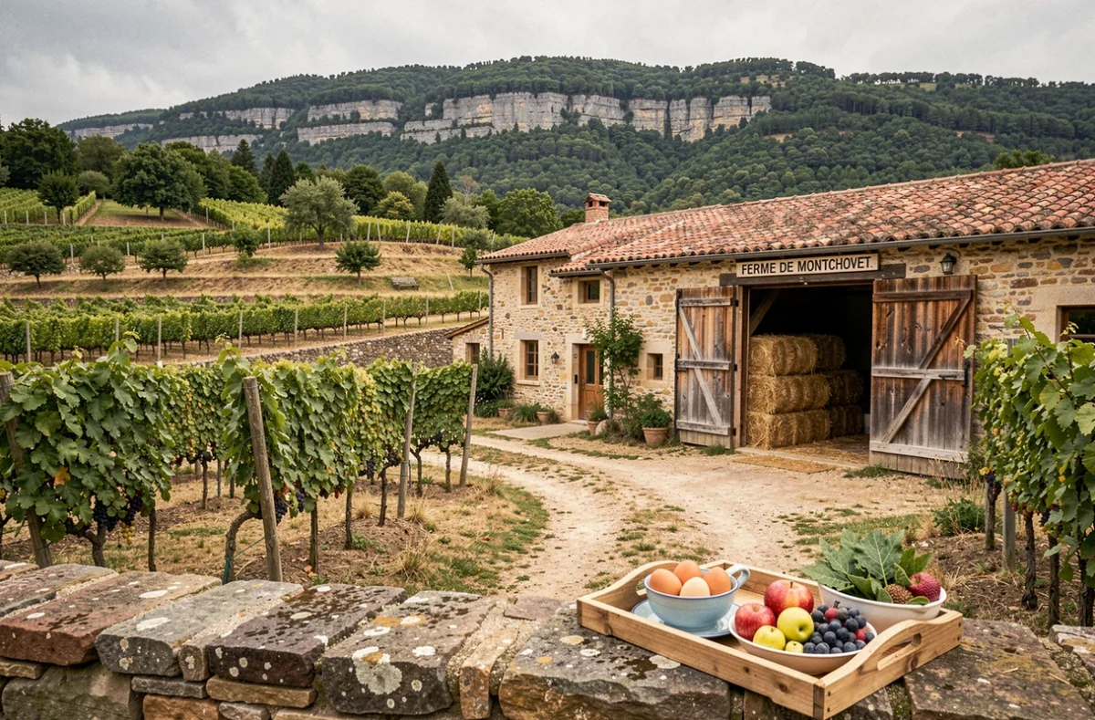 Ferme de Montchovet à Pélussin avec vignes en terrasses, grange en pierre et plateau de petit-déjeuner fermier sur fond de forêts du Pilat