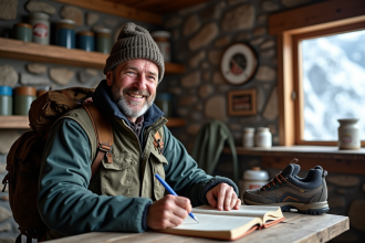 Gardien de refuge en montagne écrivant dans un journal