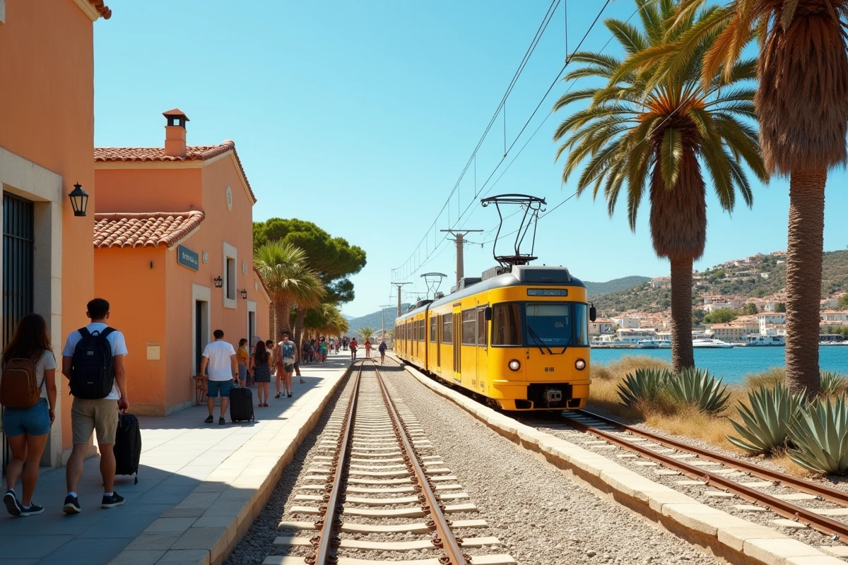 Quai de la gare d'Île-Rousse avec le train Corail en Corse et des voyageurs attendant le départ