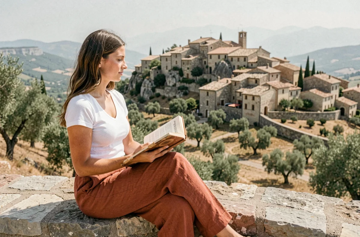 Voyageuse assise sur un muret en pierre contemplant le village de Gordes perché sur les collines du Luberon en Vaucluse