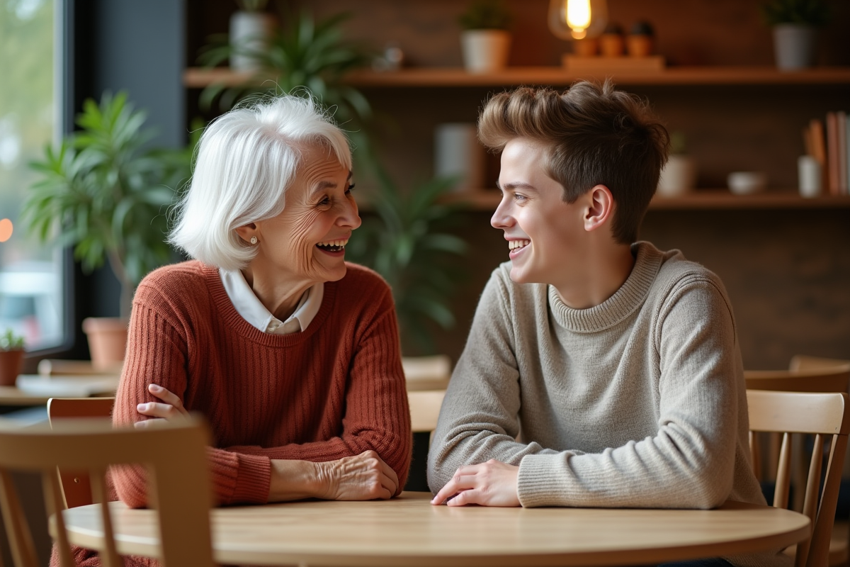 Grand-mère et adolescent discutant dans un café chaleureux