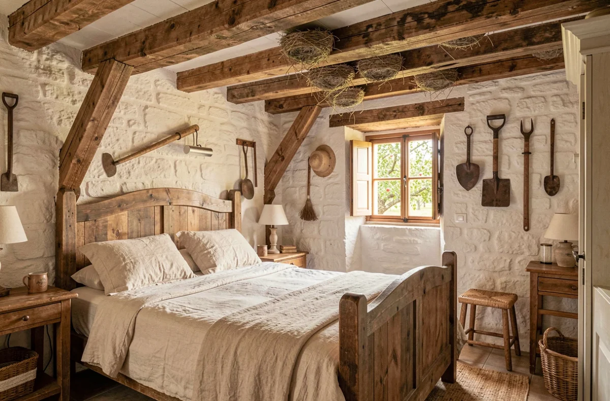 Chambre rustique de La Grange aux Hirondelles à Chambles avec poutres apparentes en bois, murs en pierre blanche et literie en lin