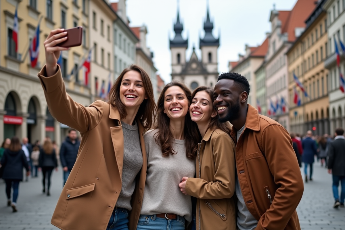Groupe d'amis souriants en selfie dans une place européenne