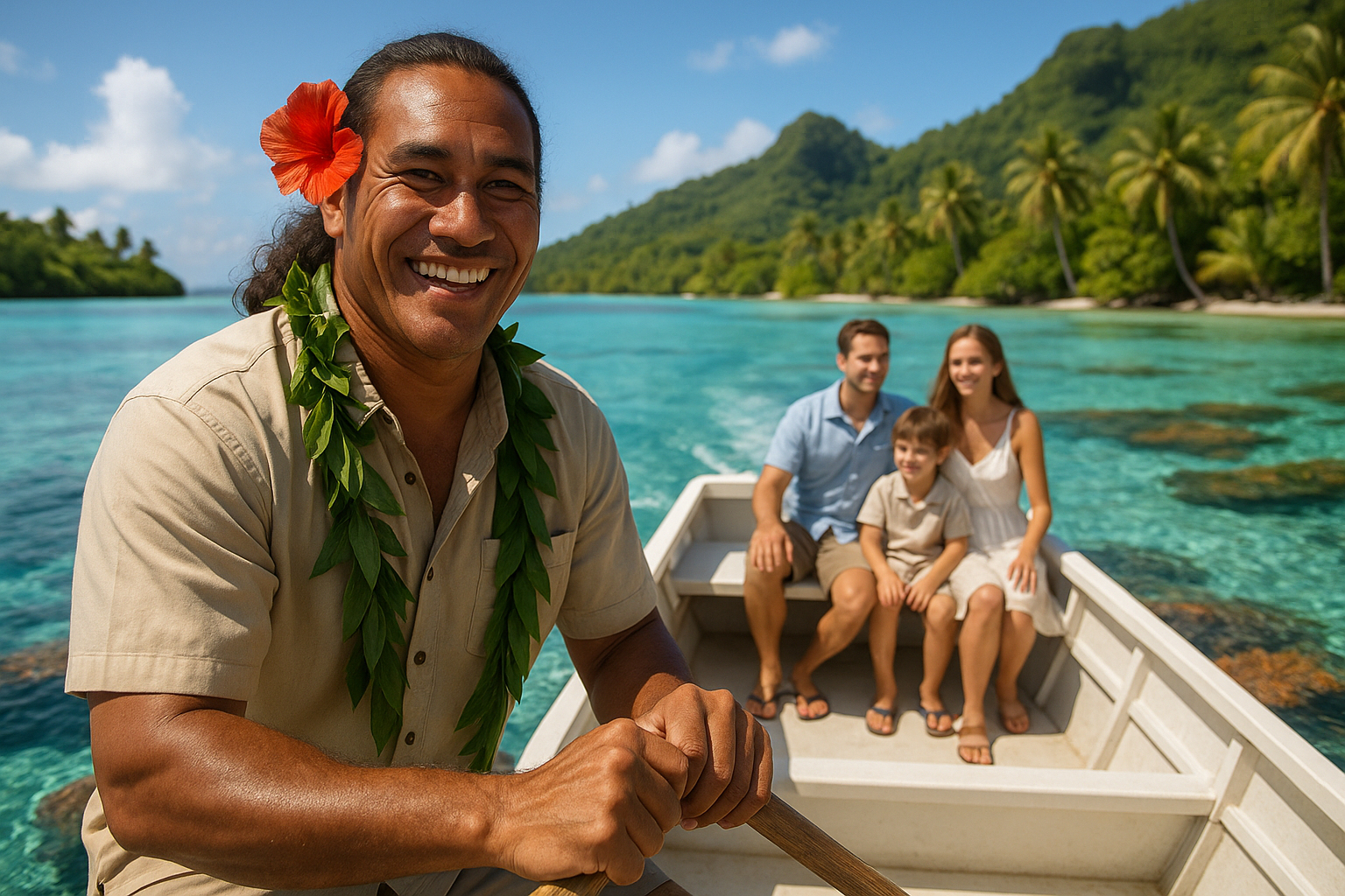 Guide polynesien souriant menant une excursion en bateau pour une famille