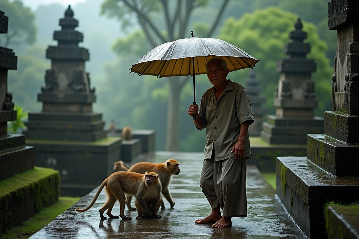 Ancien guide balinais avec singes sous la pluie dans la forêt
