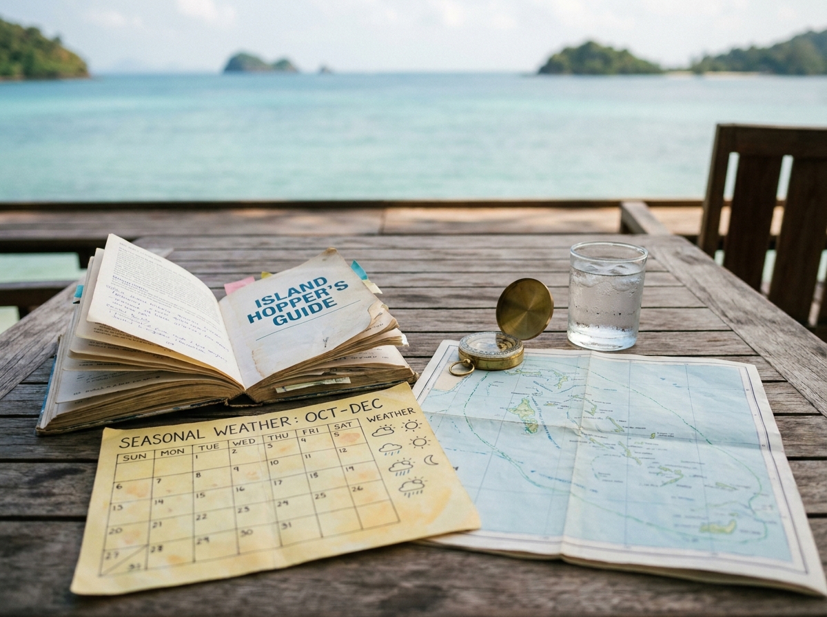 Guide de voyage et calendrier climatique d'un archipel tropical posés sur une table en teck avec vue sur la mer, pour préparer son séjour selon les saisons