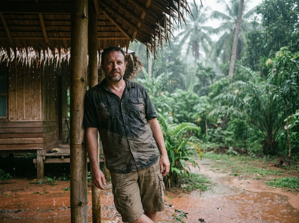 Homme abrité sous un bungalow traditionnel pendant une pluie tropicale intense dans une île d'archipel, illustrant la saison des pluies
