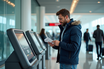 Homme en voyage à l'aéroport utilisant un kiosque d'enregistrement