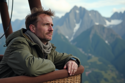 Homme d'âge moyen dans une nacelle de montgolfière surplombant des montagnes