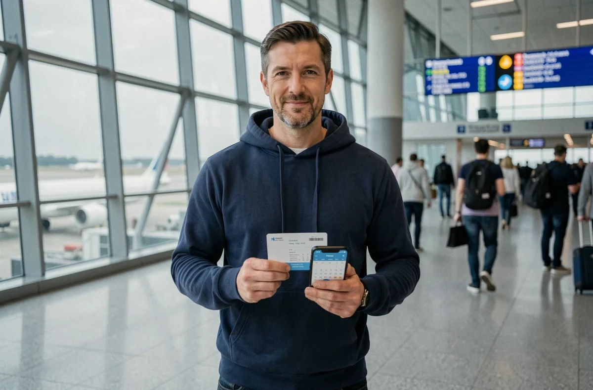 Homme tenant une carte d'embarquement et un smartphone avec une application de réservation de vol flexible dans un aéroport