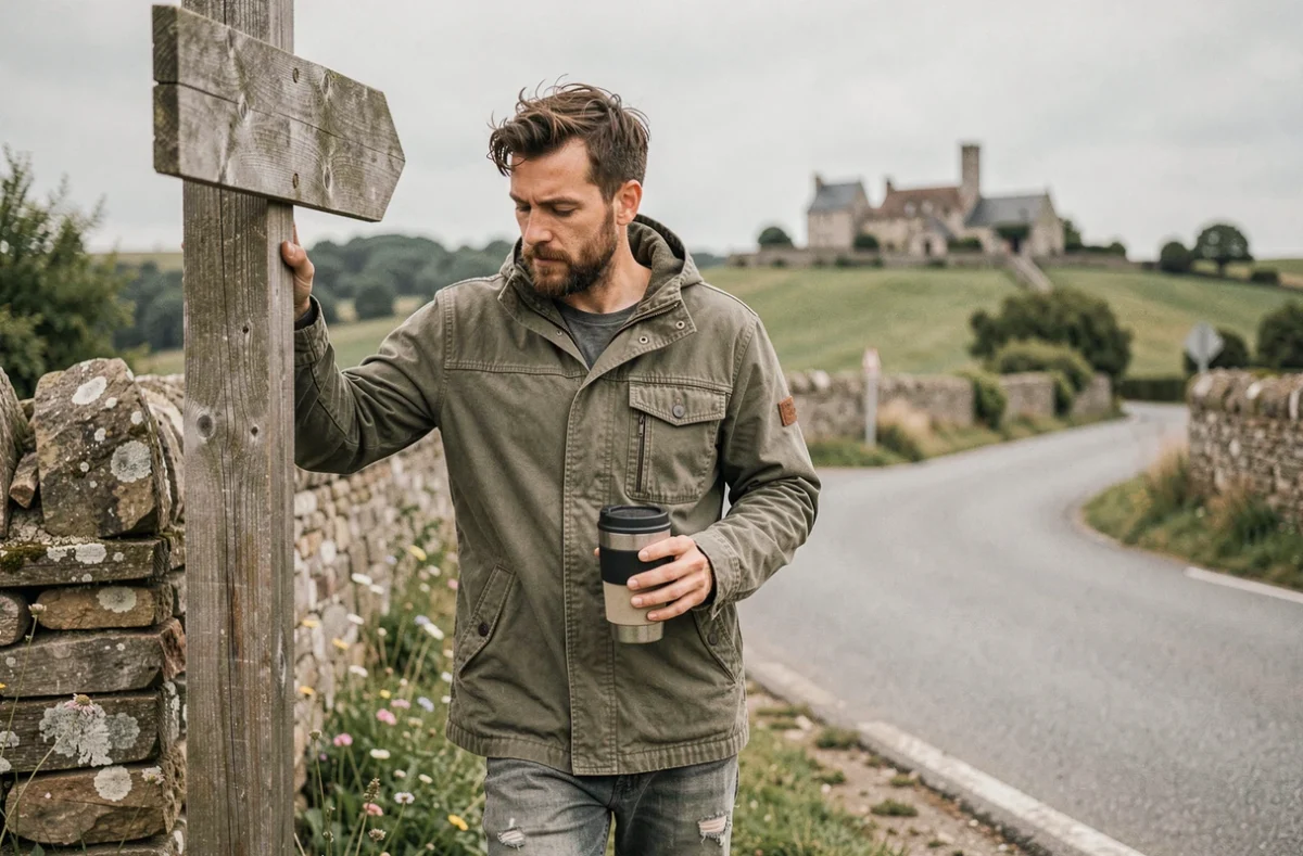 Homme voyageur debout à un carrefour rural en France avec panneau indicateur lors d'un road trip