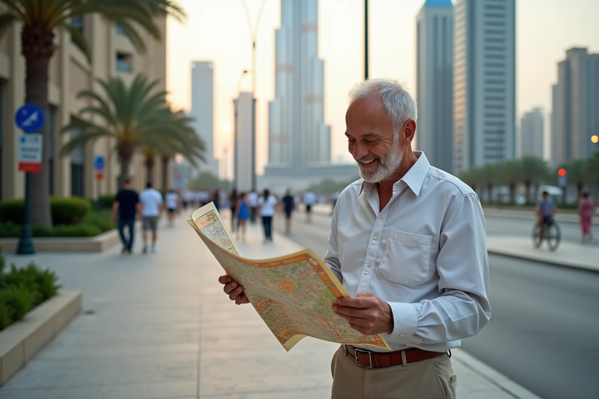 Homme âgé consulte une carte près du Burj Khalifa