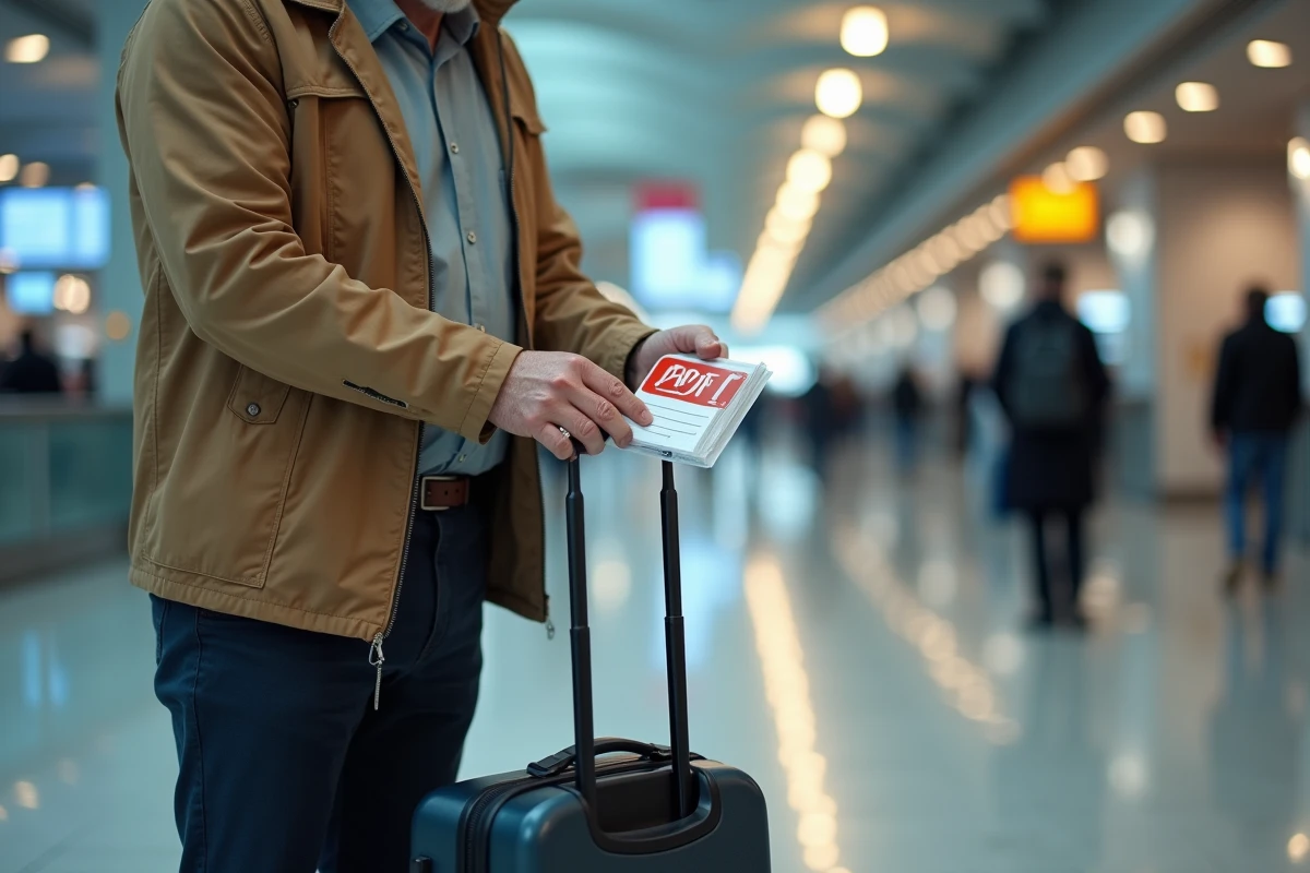 Homme âgé fixant une étiquette de bagage à l
