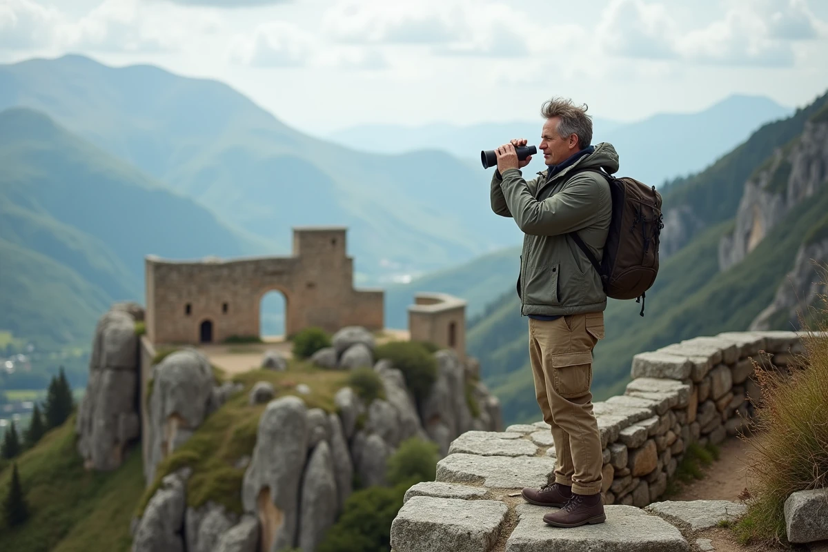 Homme avec jumelles sur une forteresse pyrénéenne
