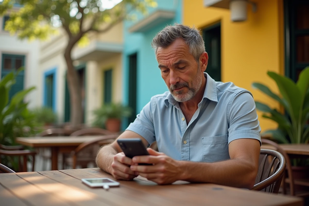 Homme consultant deux fuseaux horaires sur ses téléphones en terrasse en Martinique