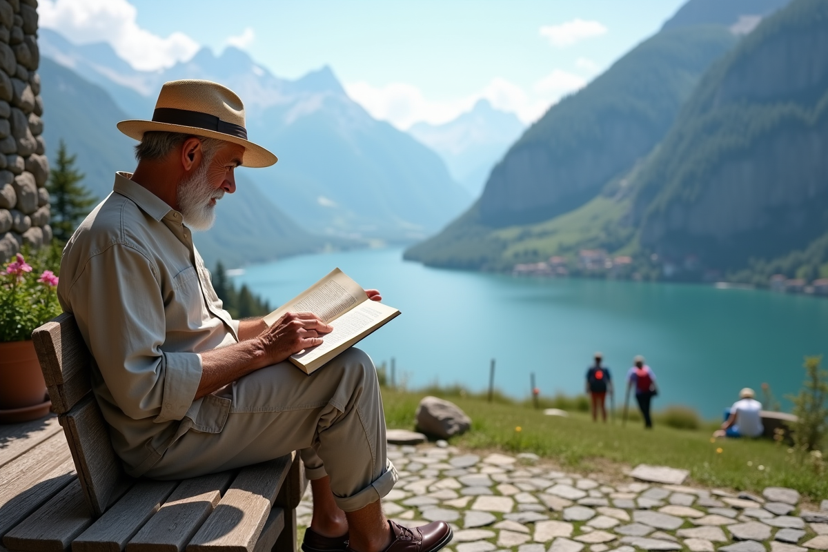 Homme âgé lisant un guide dans un paysage alpin avec lac et montagnes