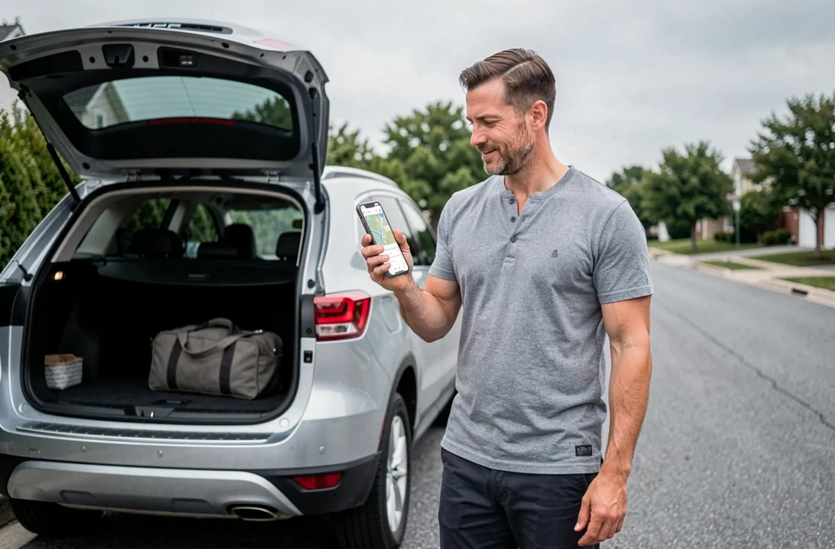 Homme consultant une application de navigation MICHELIN sur smartphone devant un SUV chargé pour un road trip