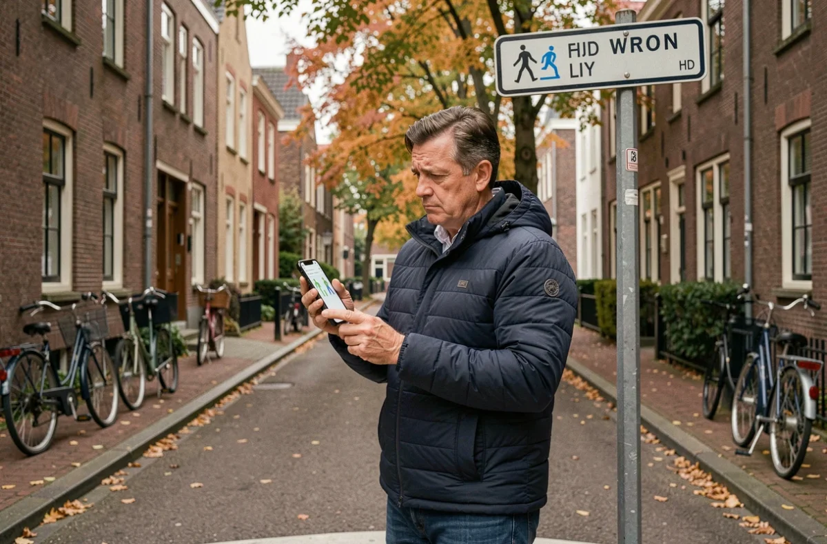 Homme perdu à un carrefour résidentiel en consultant un itinéraire Google Maps à pied sur son téléphone, erreur de navigation