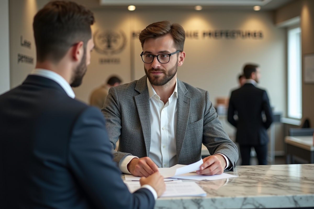 Homme discutant avec un agent à la préfecture en France