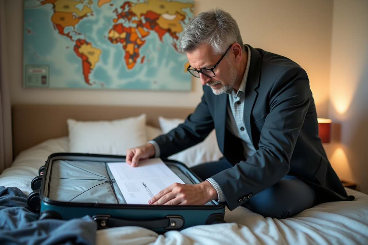 Homme préparant ses affaires dans une chambre avant départ