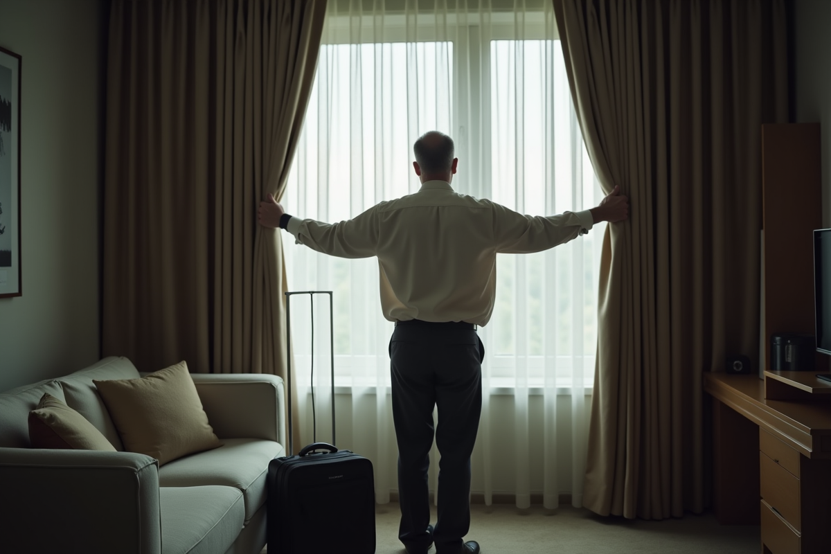 Homme tirant les rideaux dans une chambre d