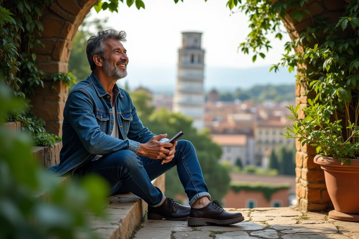 Homme assis sur des marches avec la tour de Pise en fond
