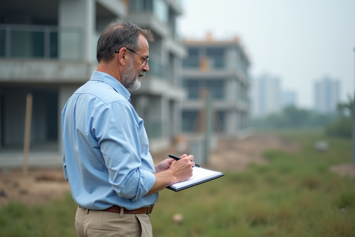 Homme en extérieur observant un chantier urbain