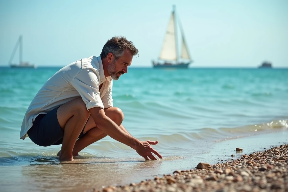 Homme vérifiant la température de la mer Méditerranée à Nice avant de se baigner
