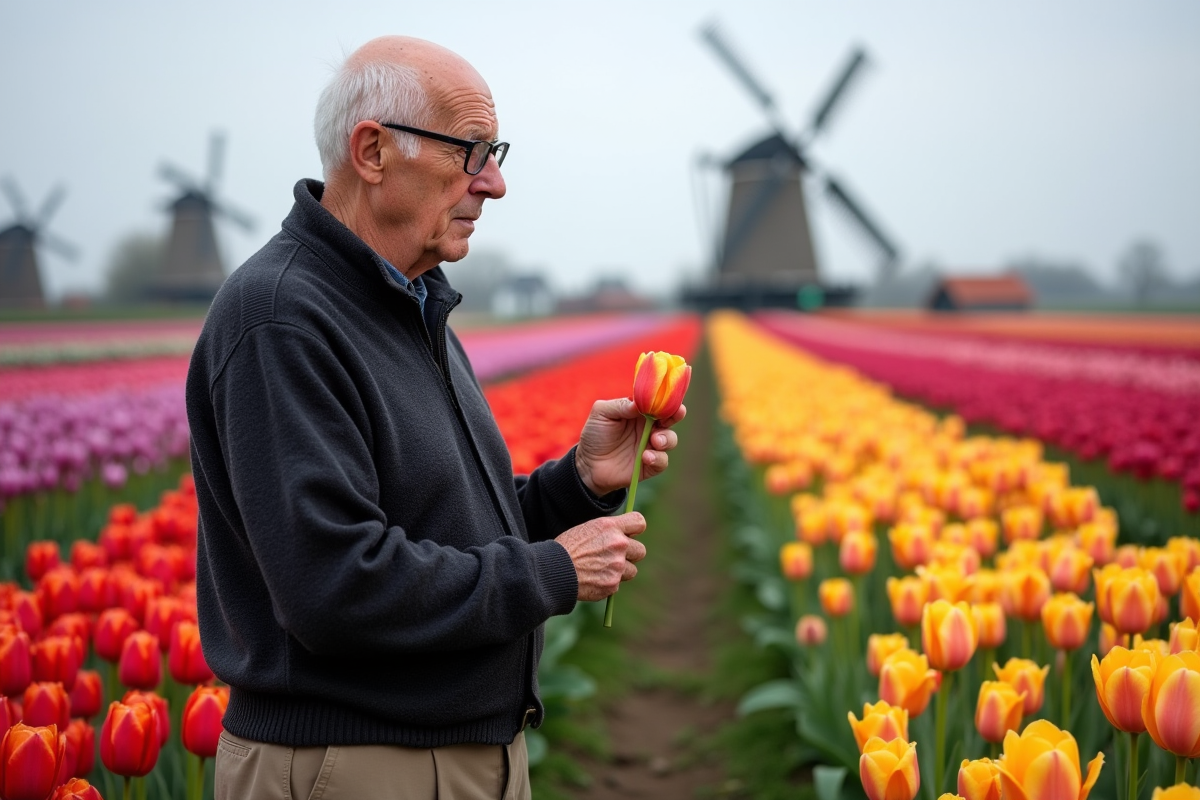 Homme âgé dans un champ de tulipes aux Pays-Bas