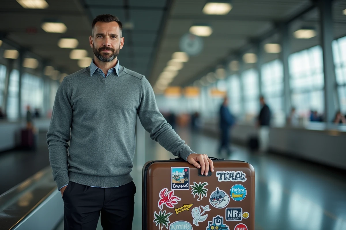 Homme récupérant sa valise décorée d'autocollants voyage au carrousel de bagages d'un aéroport
