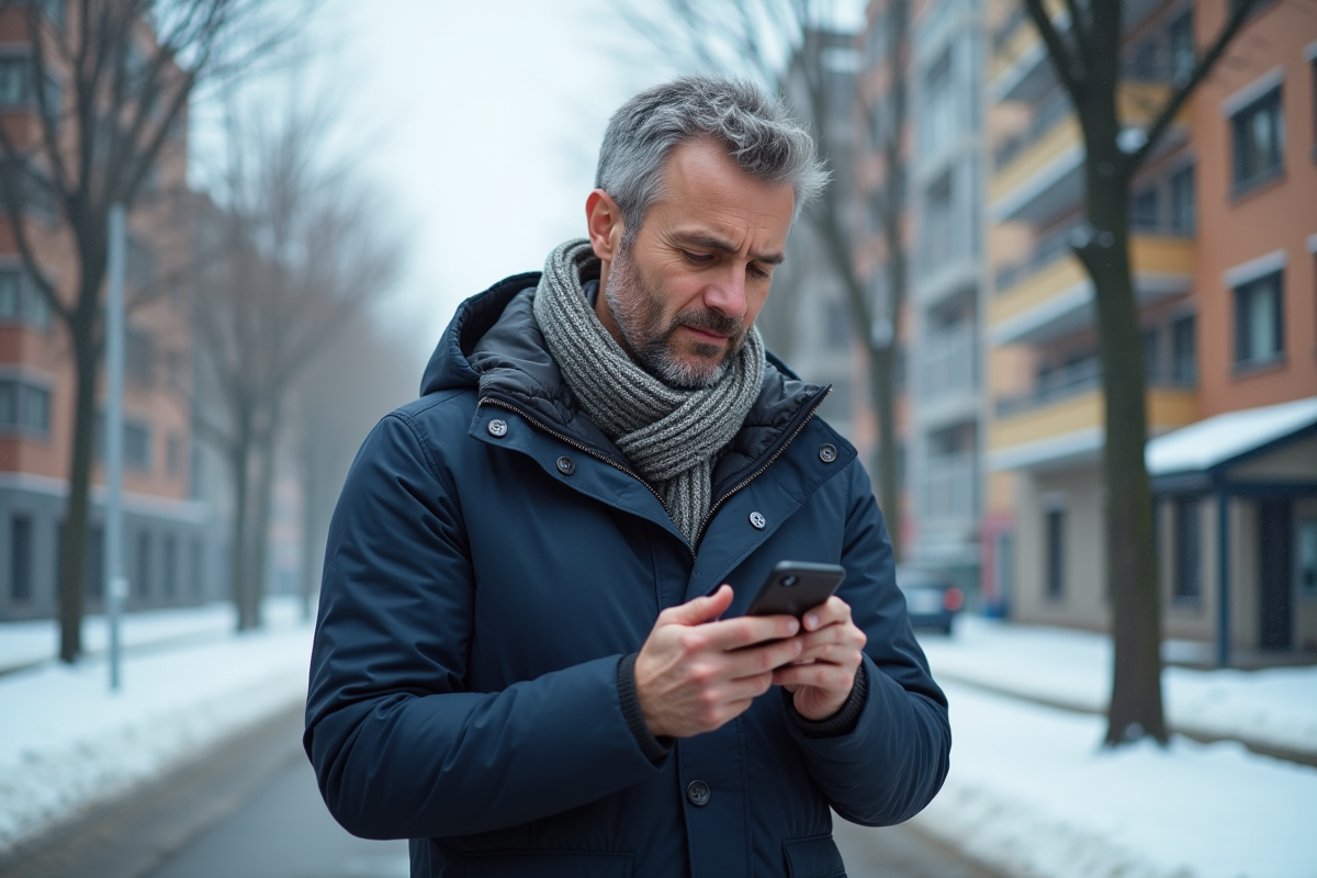 Homme d'âge moyen en parka hiver regardant son smartphone en ville
