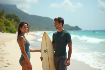 Jeune femme tenant une planche de surf avec un instructeur sur la plage de Kuta Lombok, initiation au surf pour débutants
