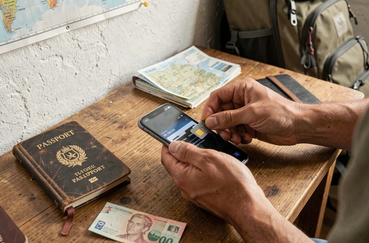 Mains de voyageur insérant une carte SIM locale dans un smartphone sur un bureau d'auberge