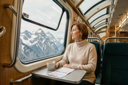 Intérieur d'un train panoramique suisse avec vue sur les Alpes enneigées depuis les grandes baies vitrées