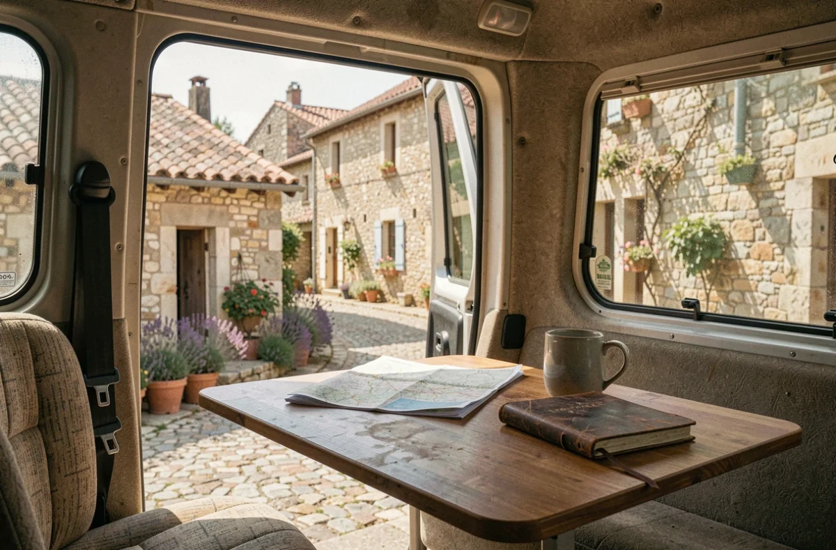 Intérieur d'un van aménagé avec vue sur un village ardéchois en pierre aux ruelles ensoleillées