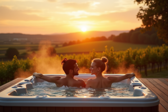 Couple dans un jacuzzi en Alsace au coucher de soleil