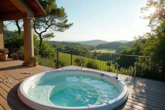Jacuzzi privé sur terrasse en Normandie en plein jour