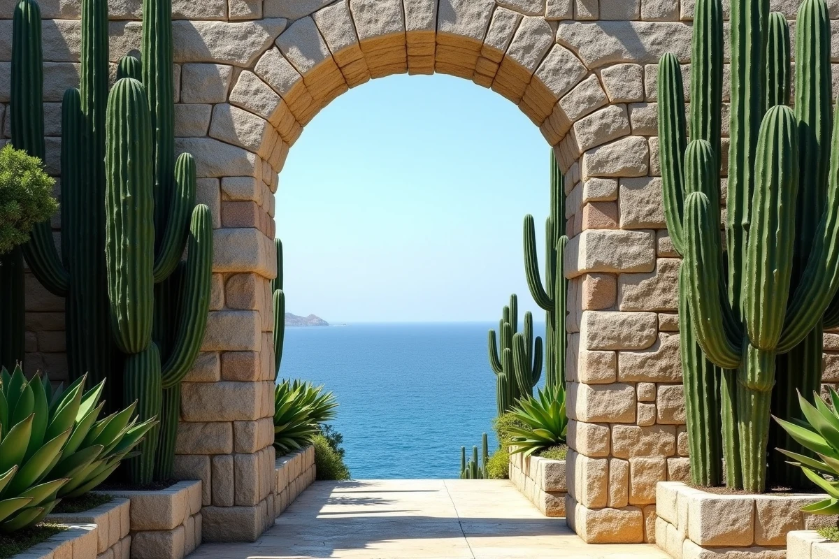 Arche en pierre du Jardin Exotique d'Eze encadrée de cactus avec vue sur la mer Méditerranée en arrière-plan