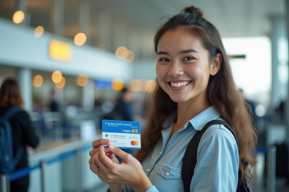 Jeune femme souriante tenant une carte santé européenne à l'aéroport