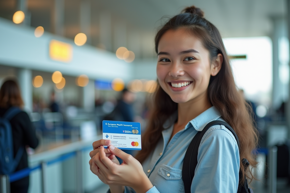 Jeune femme souriante tenant une carte santé européenne à l'aéroport
